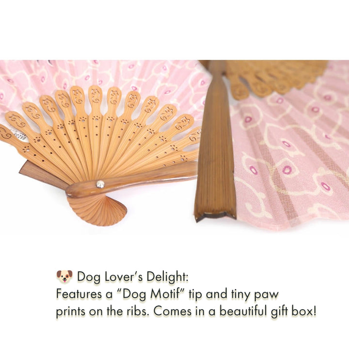 Folding Hand Fan for Lady's ,Surface Cotton, Bamboo Frame, Pink base with Circles, Classic Arabesque Patterns and a Cute Dog Motif