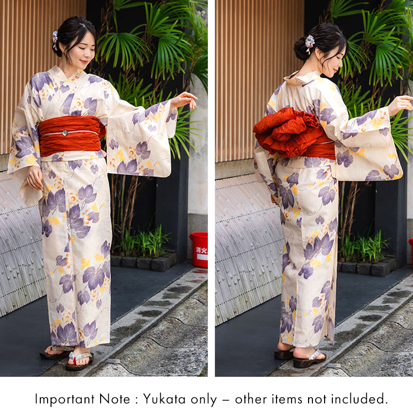 Women's Cotton Yukata, Casual Summer Kimono -Beige Base with Blown and yellow Grapes and Vines