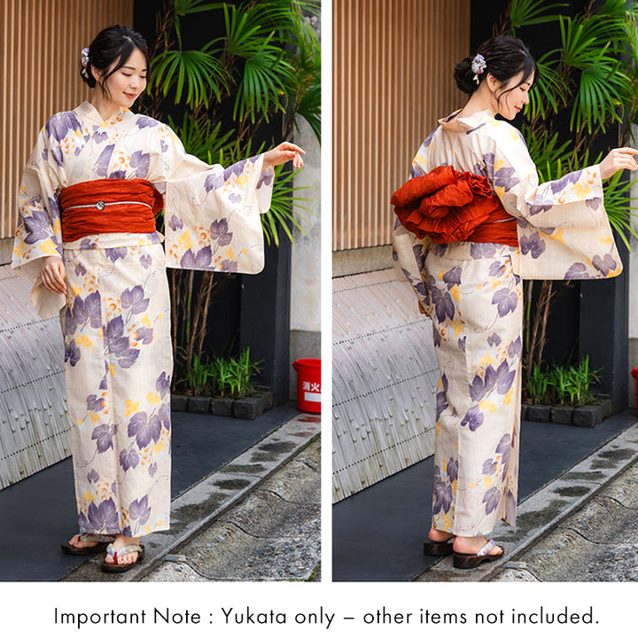 Women's Cotton Yukata, Casual Summer Kimono -Beige Base with Blown and yellow Grapes and Vines