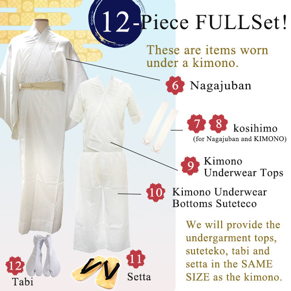 Men's Formal Kimono, Haori, and Hakama 12-Piece FULL Set ＜White Haori＞