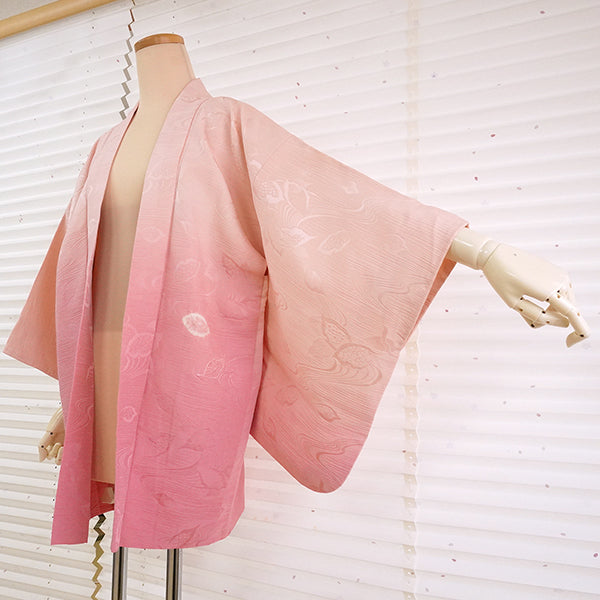 Vintage Haori Kimono Jacket Silk, Pink Gradient base, Flowing Water and Leaves
