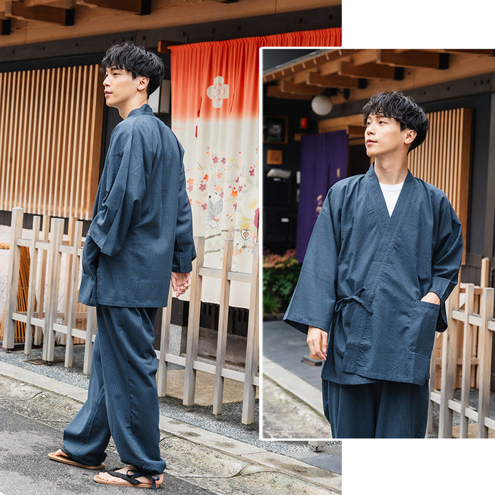 Men's Samue Jacket and Pants, Japanese Kimono Longewear - Sashiko Weave, Black