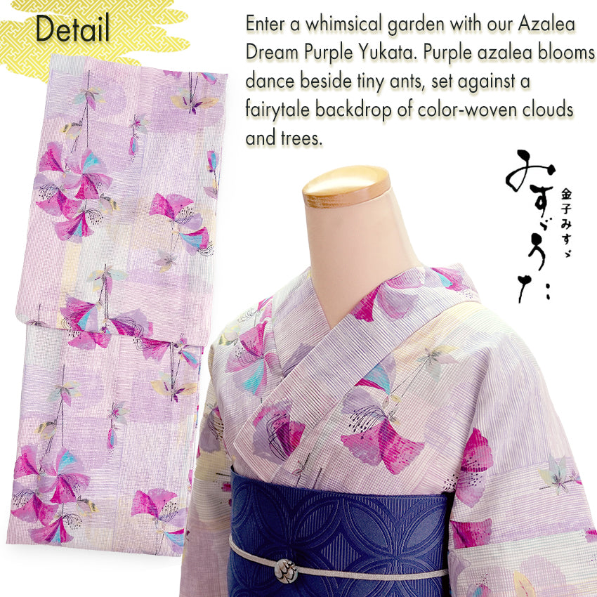 Lightweight Cotton Yukata for Women, Purple base, azalea flower pattern – Inspired by Kaneko Misuzu’s Poetry, Summer Japanese Kimono Robe