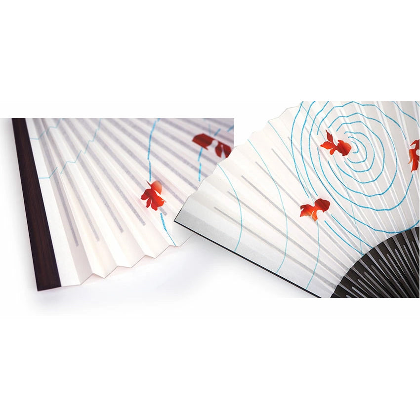 Folding Hand Fan for Lady's ,Surface Paper, Bamboo Frame, White base with Goldfish, wave pattern