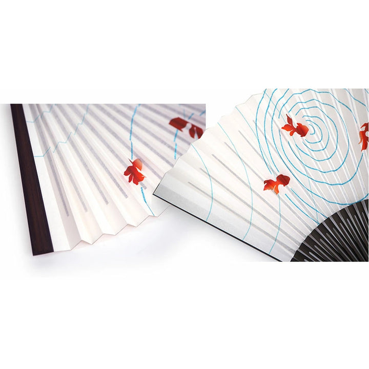 Folding Hand Fan for Lady's ,Surface Paper, Bamboo Frame, White base with Goldfish, wave pattern