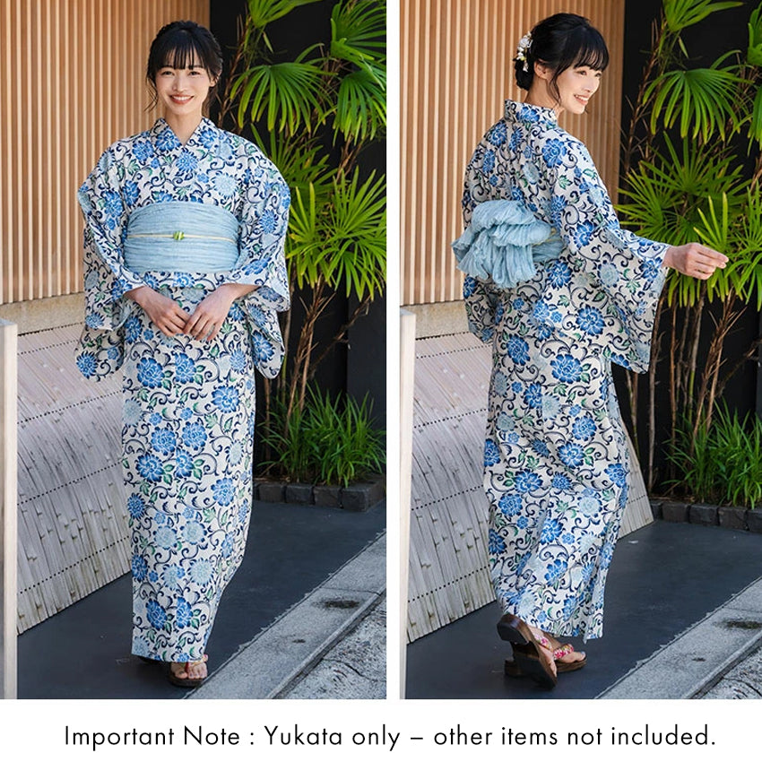 Women's Cotton Yukata, Casual Summer Kimono -Off-White Base with Blue, Green, and Navy Floral Arabesque