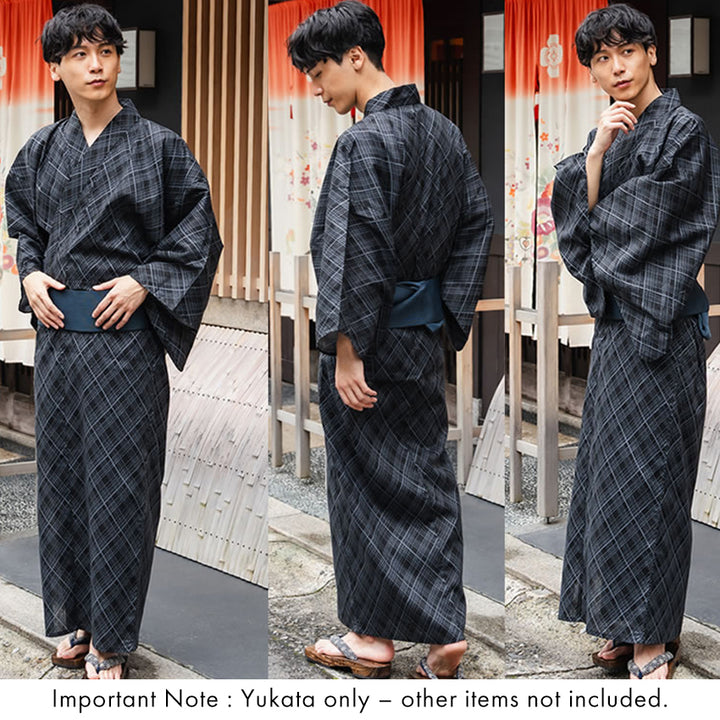 Men's Yukata Cotton : Black with Checkered Pattern Yukata
