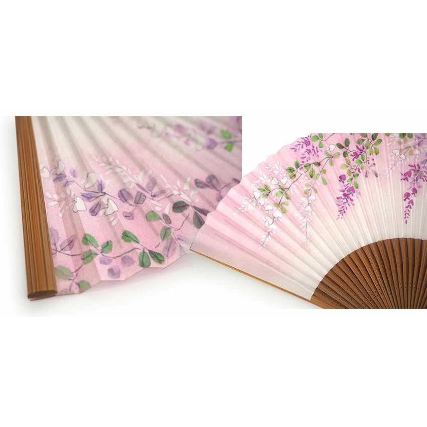 Folding Hand Fan for Lady's ,Surface Paper, Bamboo Frame, White/Pink Gradation base with Flower Bush Clover