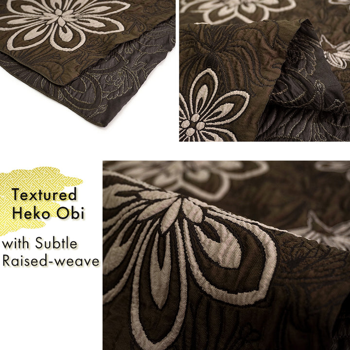 Soft Heko Obi - Lightweight Japanese Kimono Belt for Yukata or Casual Wear Brown Floral