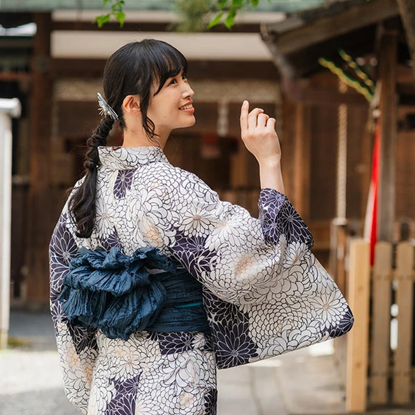 Women's Cotton Yukata, Casual Summer Kimono -White Base with Chrysanthemum Allover