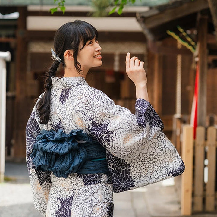 Women's Cotton Yukata, Casual Summer Kimono -White Base with Chrysanthemum Allover