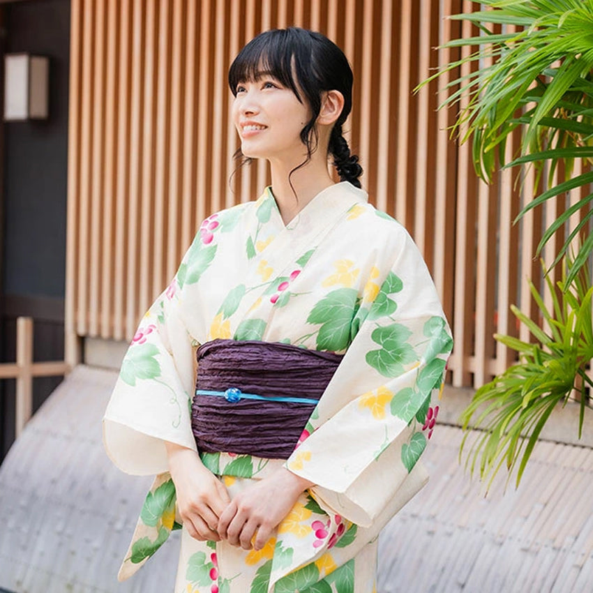 TOMOO　Estuary　Lサイズ Women's Cotton Yukata, Casual Summer Kimono -Beige Base with Pink