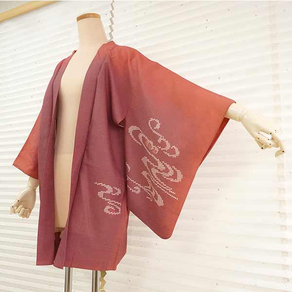Vintage Haori Kimono Jacket Silk, Deep Red base, Wave Pattern