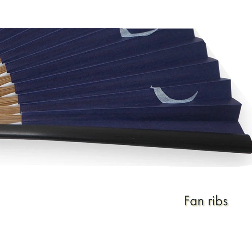 Folding Hand Fan for Men ,Surface Paper, Bamboo Frame, Blue base, shimmering silver moons pattern