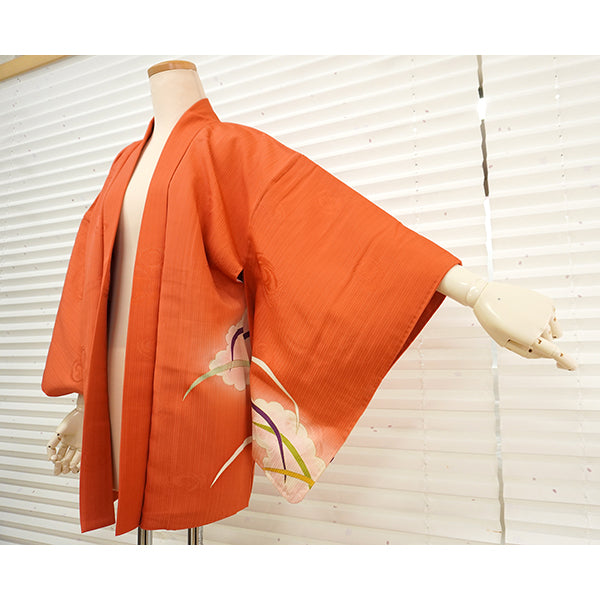 Vintage Haori Kimono Jacket Silk, Vivid Orange base, Cloud ,Dew-on-Grass Motifs