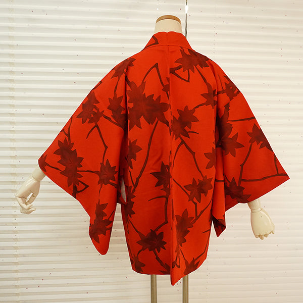 Vintage Haori Kimono Jacket Silk,Vivid Red base,  Maple Leaves