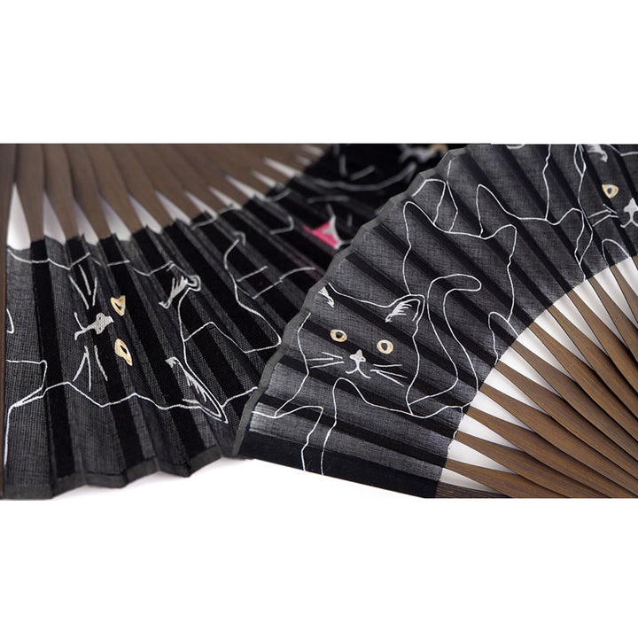 Folding Hand Fan for Lady's ,Surface Cotton, Bamboo Frame, Black base Singing Cat Pattern