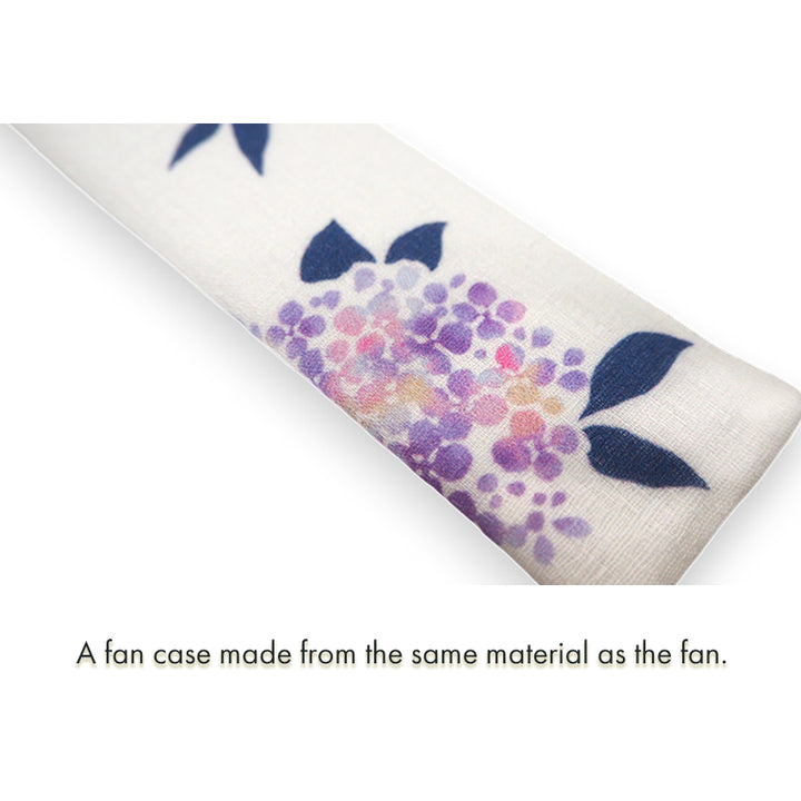 Folding Hand Fan for Lady's ,Surface Cotton, Bamboo Frame, White (off-white with gradations of wisteria purple, violet, and pink hydrangeas)