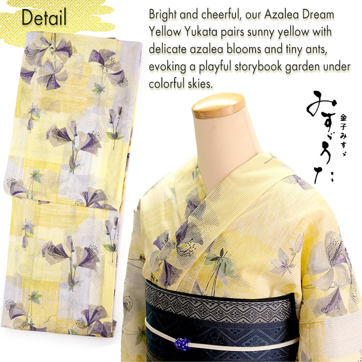 Lightweight Cotton Yukata for Women, Yellow base, azalea flower pattern – Inspired by Kaneko Misuzu’s Poetry, Summer Japanese Kimono Robe