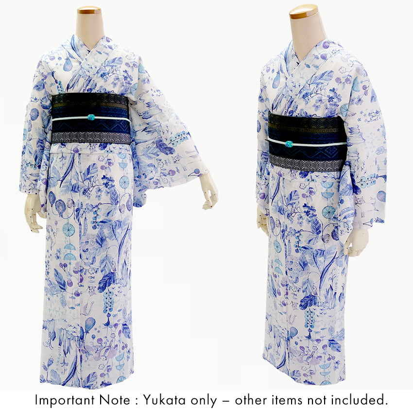Lightweight Cotton Yukata for Women, blue base, vegetables, cats, birds pattern– Inspired by Kaneko Misuzu’s Poetry, Summer Japanese Kimono Robe