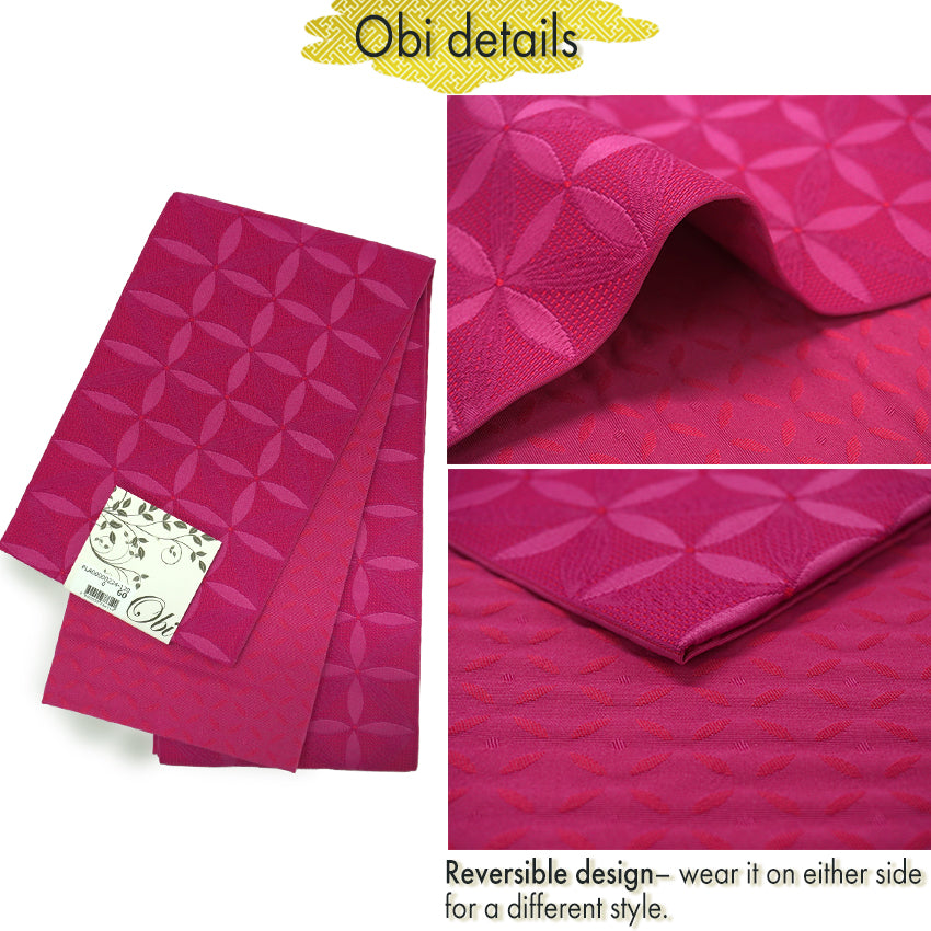 Women's Lightweight Cotton Yukata ＆Obi -2piece Coordinate set, Casual Summer Kimono  -Navy Base with Nadeshiko Flowers