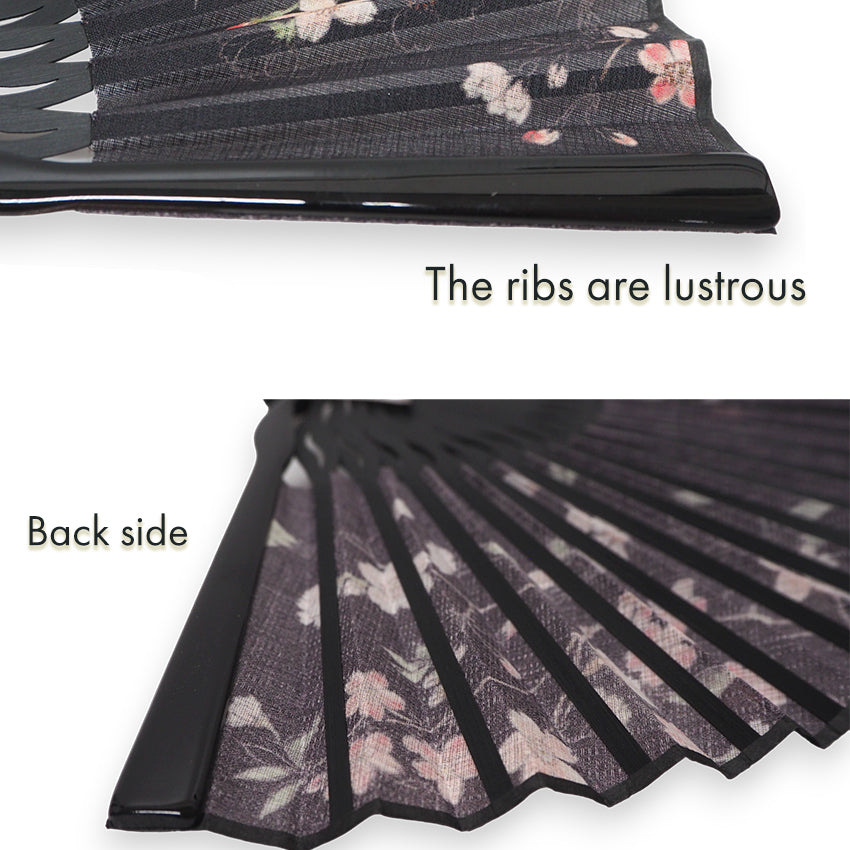 Folding Hand Fan for Lady's ,Surface Cotton, Bamboo Frame, Black (black background with pink-blushed cherry blossoms, slightly sheer)