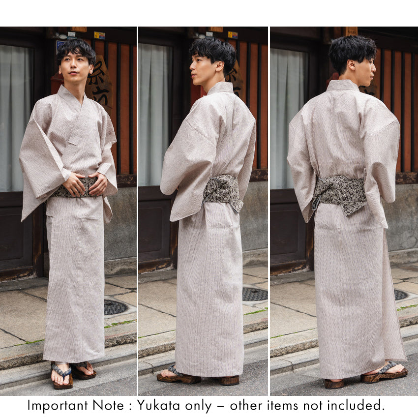 Men's Yukata Cotton & Linen : Beige with Broken Stripe Pattern