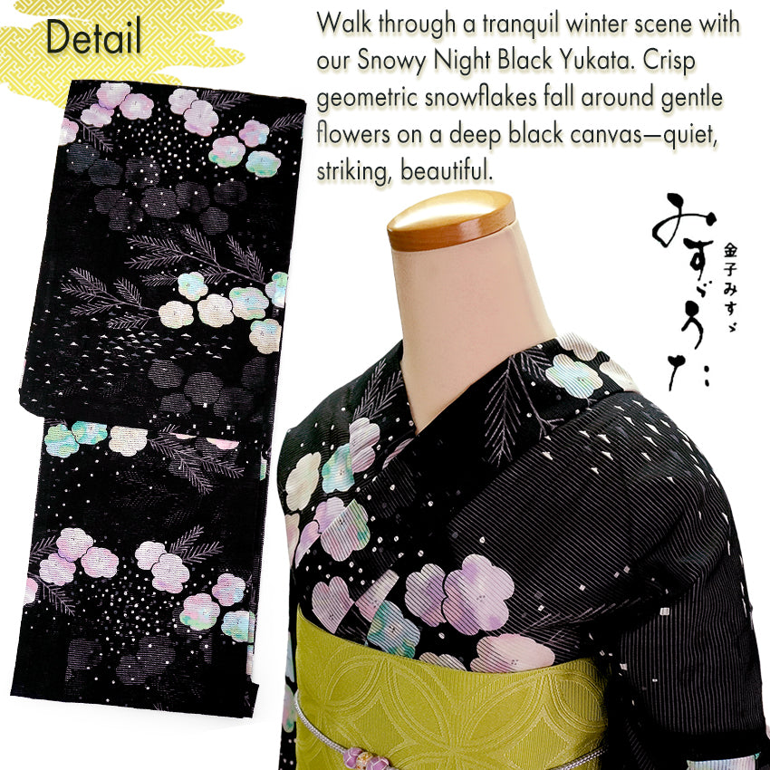 Lightweight Cotton Yukata for Women, Black base, Crisp geometric snowflakes, Flower pattern – Inspired by Kaneko Misuzu’s Poetry, Summer Japanese Kimono Robe