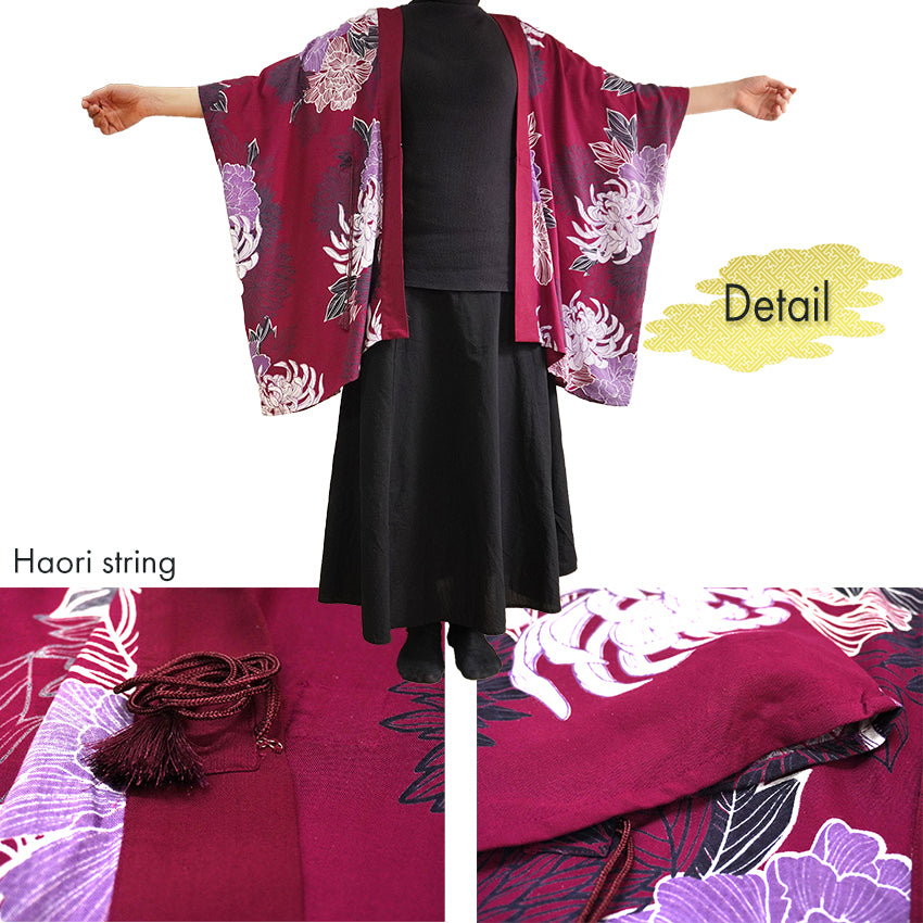Lady's Haori , Kimono Cardigan -Navy, Dark red base –  Summer Chrysanthemum