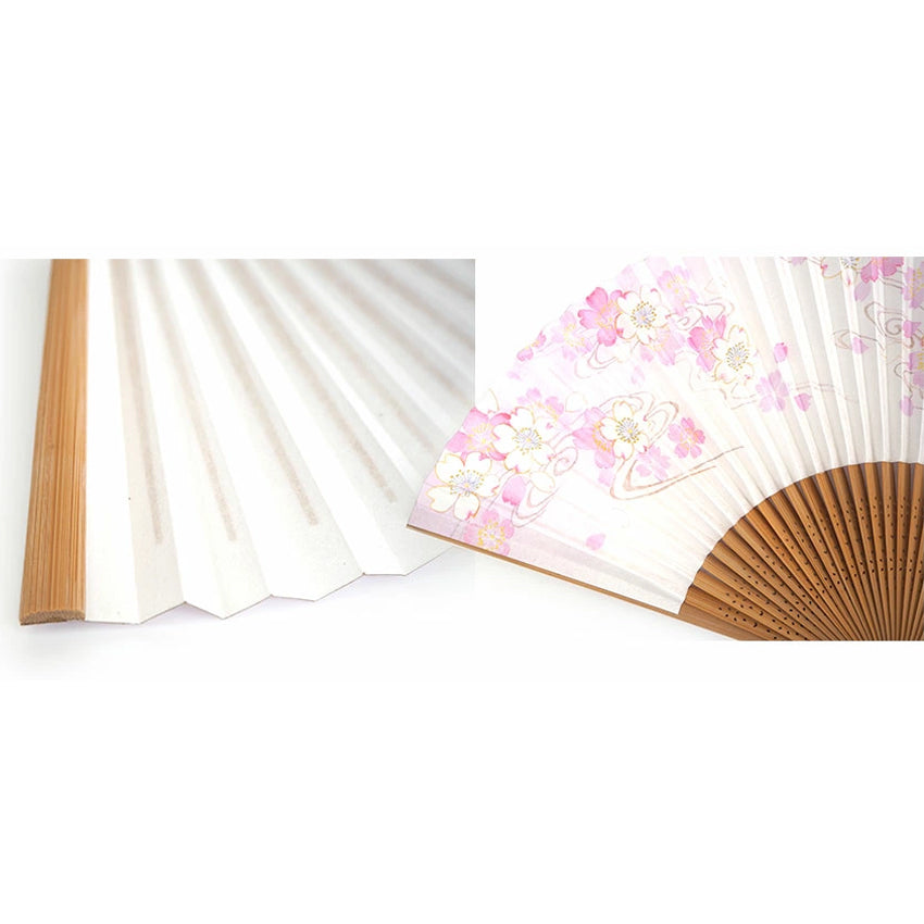 Folding Hand Fan for Lady's ,Surface Paper, Bamboo Frame, White base with Pink Flowing water & Cherry Blossoms pattrn