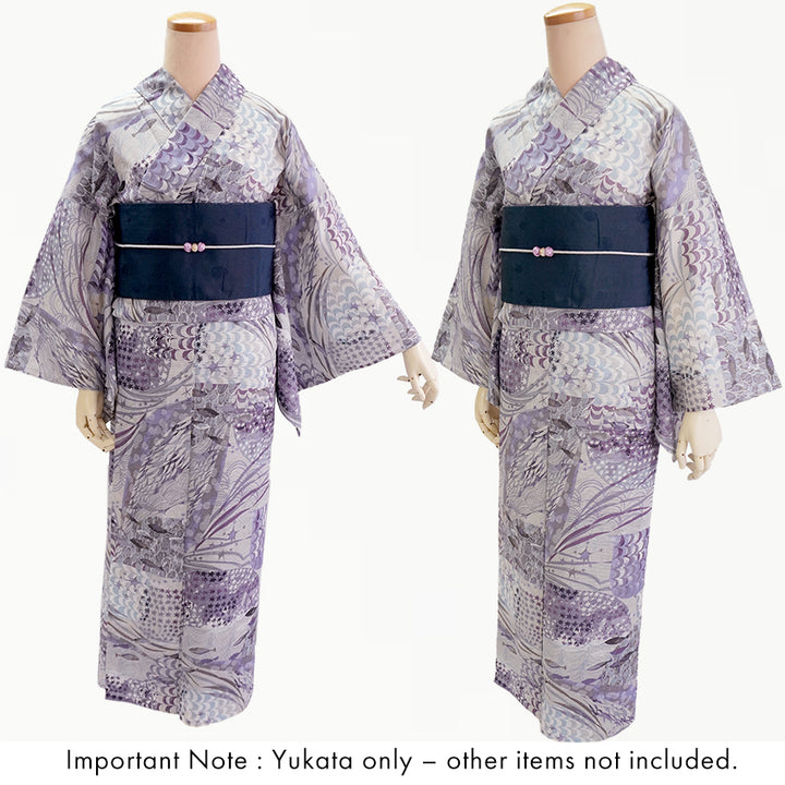 Lightweight Cotton Yukata for Women, Gray and purple tones base, Waves, shells and fish pattern – Inspired by Kaneko Misuzu’s Poetry, Summer Japanese Kimono Robe