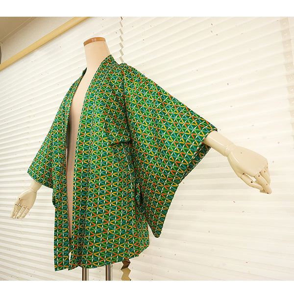 Vintage Haori Kimono Jacket Silk, Green base, Colorful Geometric Patterns