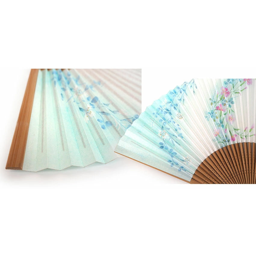 Folding Hand Fan for Lady's ,Surface Paper, Bamboo Frame, White/Light Blue Gradation base with Flower White & Pink Dianthus