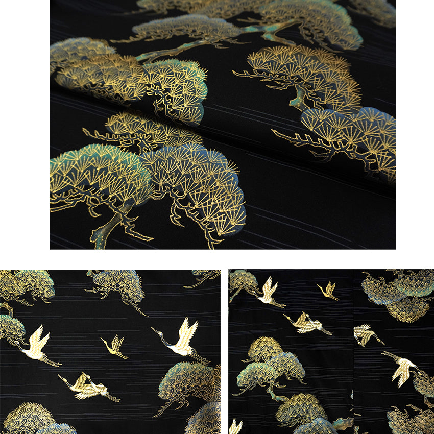 Men's Happi Coat: Kimono Robe -Black, Navy Blue, Red base, Cranes & Pine Trees