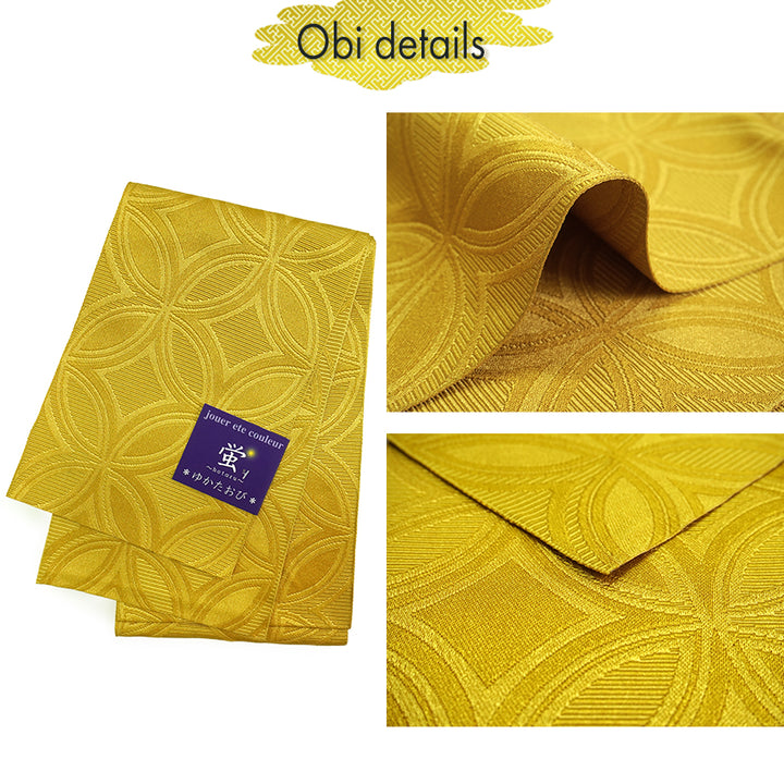 Women's Lightweight Cotton Yukata ＆Obi -2piece Coordinate set, Casual Summer Kimono  - White Base with Blue, Gray, and Navy Floral Arabesque