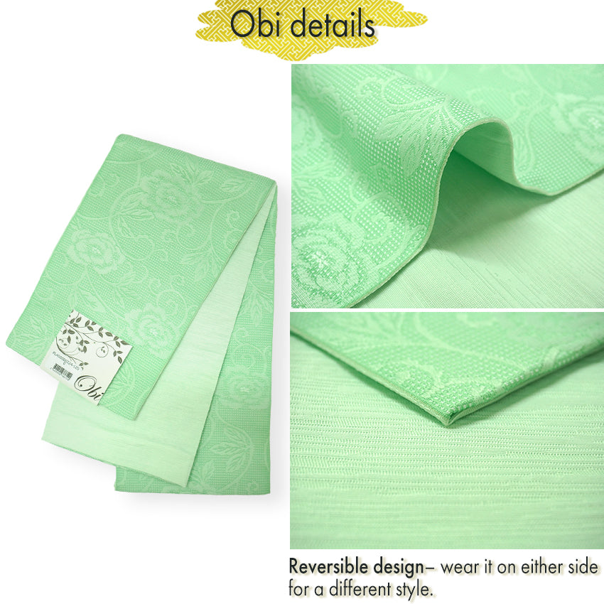 Women's Lightweight Cotton Yukata ＆Obi -2piece Coordinate set, Casual Summer Kimono  -Off-White Base with Blue, Green, and Navy Floral Arabesque