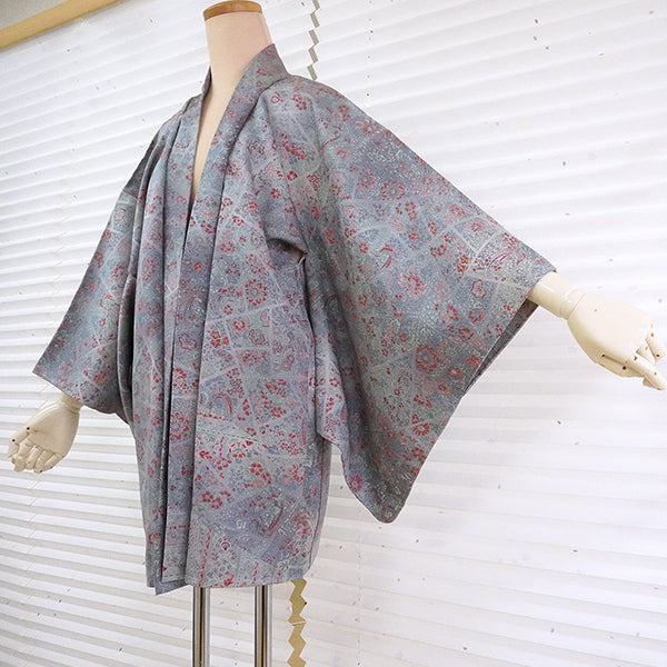 Vintage Haori Kimono Jacket Silk, Greyish Blue base, Floral Motifs