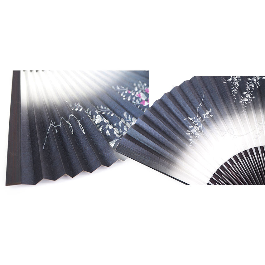 Folding Hand Fan for Lady's ,Surface Paper, Bamboo Frame, Nearly Black Navy base with Flower, Wisteria