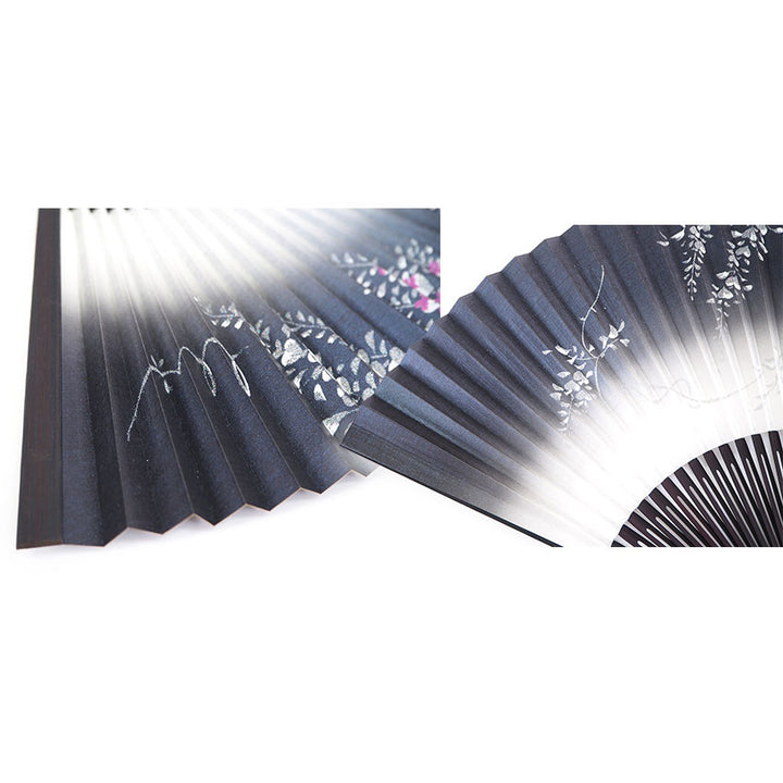 Folding Hand Fan for Lady's ,Surface Paper, Bamboo Frame, Nearly Black Navy base with Flower, Wisteria