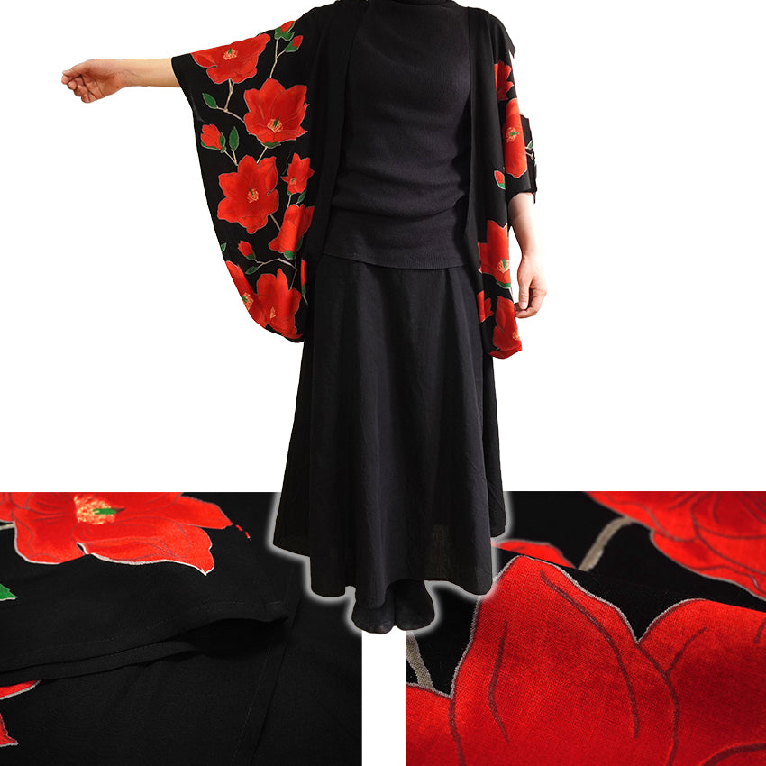 Lady's Haori , Kimono Cardigan -Black , White base – Magnolia pattern