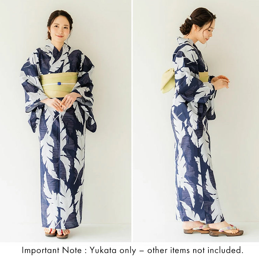 Women's Cotton Yukata, Casual Summer Kimono -Navy Base withlarge banana leaves (bashō) for a bold and tropical-inspired look.