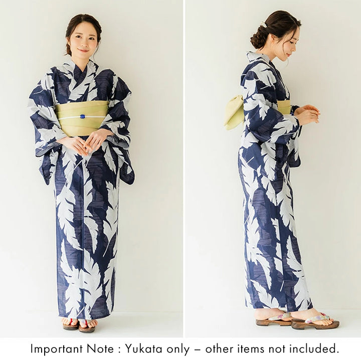 Women's Cotton Yukata, Casual Summer Kimono -Navy Base withlarge banana leaves (bashō) for a bold and tropical-inspired look.
