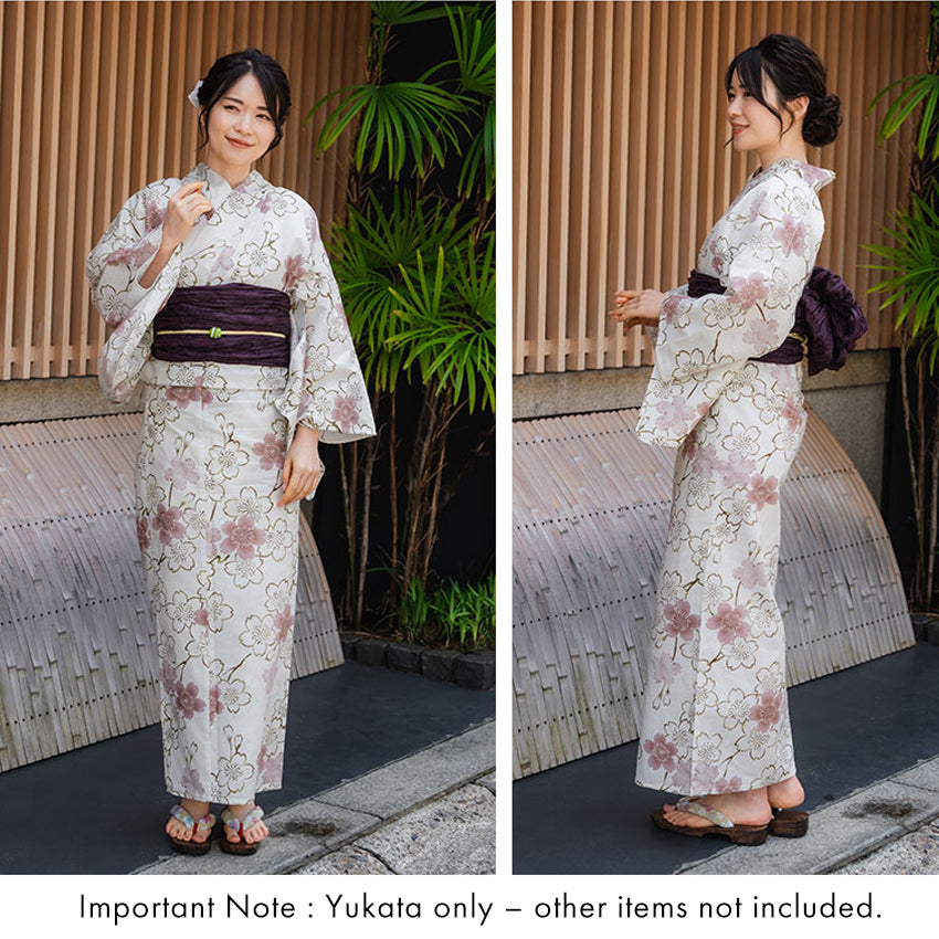 Women's Cotton Yukata, Casual Summer Kimono -Grayish white base with A graceful sakura (cherry blossom) motif featuring soft pink blooms