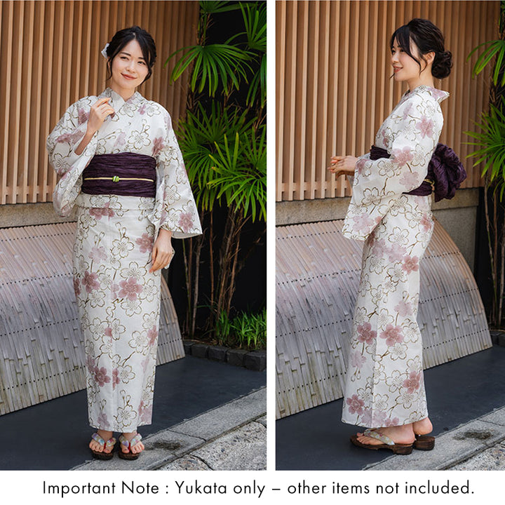 Women's Cotton Yukata, Casual Summer Kimono -Grayish white base with A graceful sakura (cherry blossom) motif featuring soft pink blooms