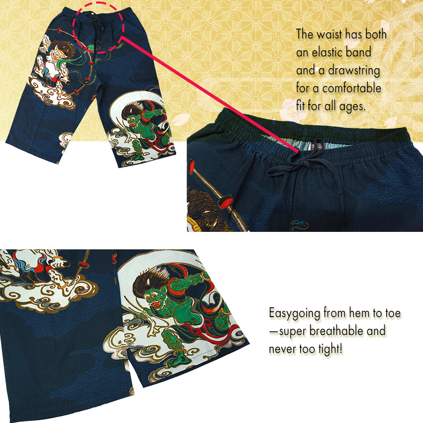 Men's Japanese Art Print Cotton Pants – Wind Gods , Elephant(artwork by Edo-period painter Ito Jakuchu) , Kabuki  pattern