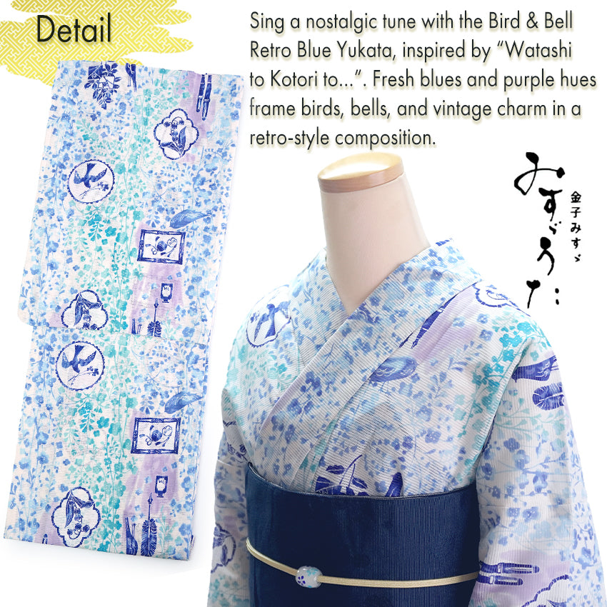 Lightweight Cotton Yukata for Women, Blue base, Bird, Bell pattern – Inspired by Kaneko Misuzu’s Poetry, Summer Japanese Kimono Robe