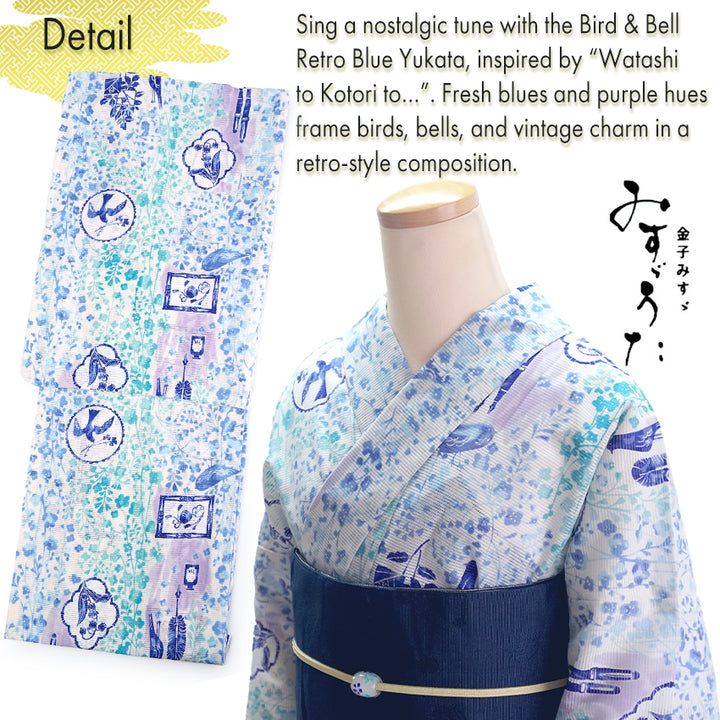 Lightweight Cotton Yukata for Women, Blue base, Bird, Bell pattern – Inspired by Kaneko Misuzu’s Poetry, Summer Japanese Kimono Robe