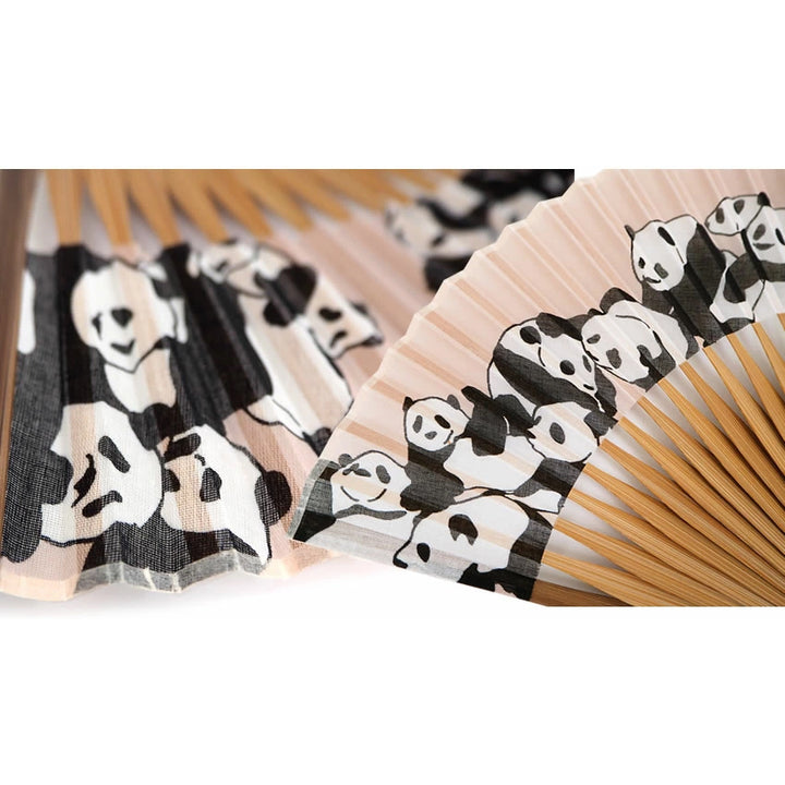 Folding Hand Fan for Lady's ,Surface Cotton, Bamboo Frame, Pink Beige base cute panda Pattern