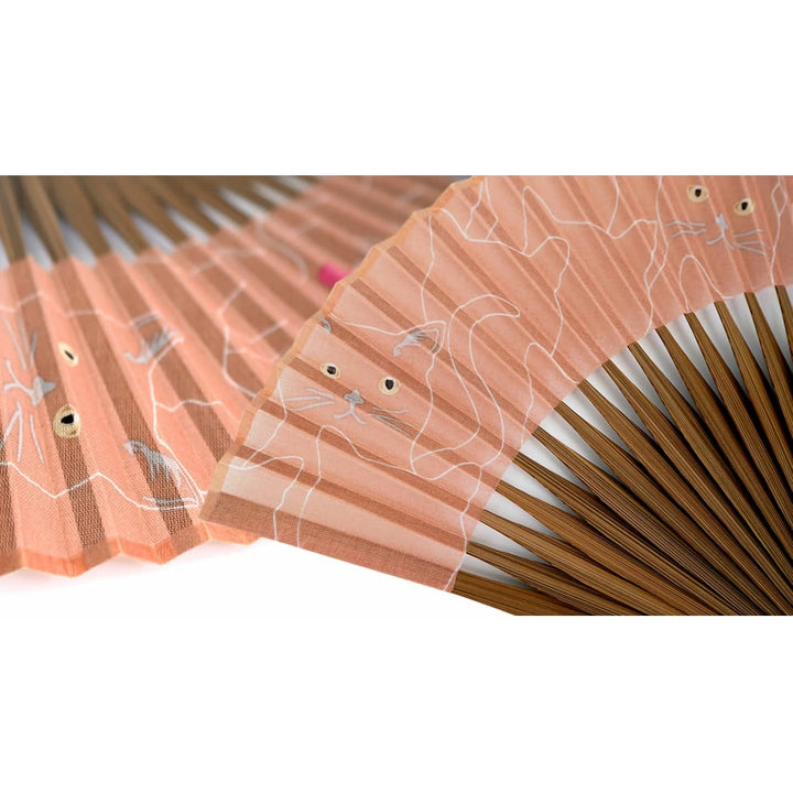 Folding Hand Fan for Lady's ,Surface Cotton, Bamboo Frame, Pink Beige base Singing Cat Pattern