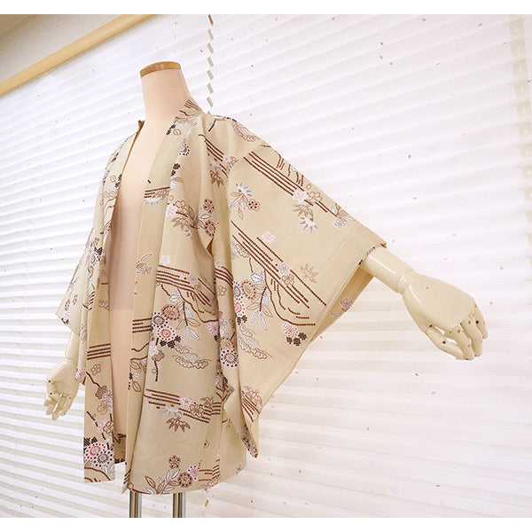 Vintage Haori Kimono Jacket Silk, Beige base, Pine, Bamboo, Plum & Chrysanthemums